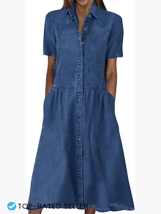 Dresses & Skirts - Denim Shirt Dress Oversized A-Line Midi Button Down Frayed Hem